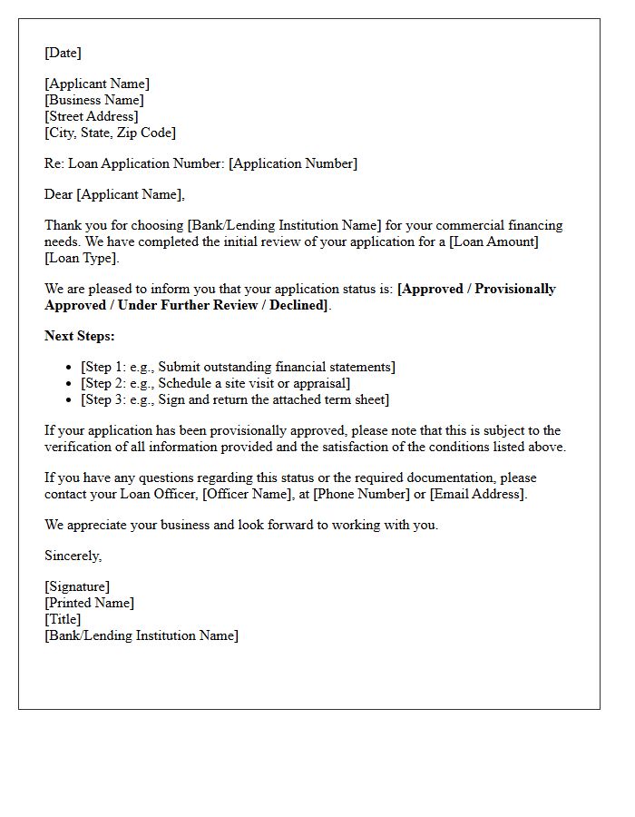 Commercial Loan Application Status Response Letter