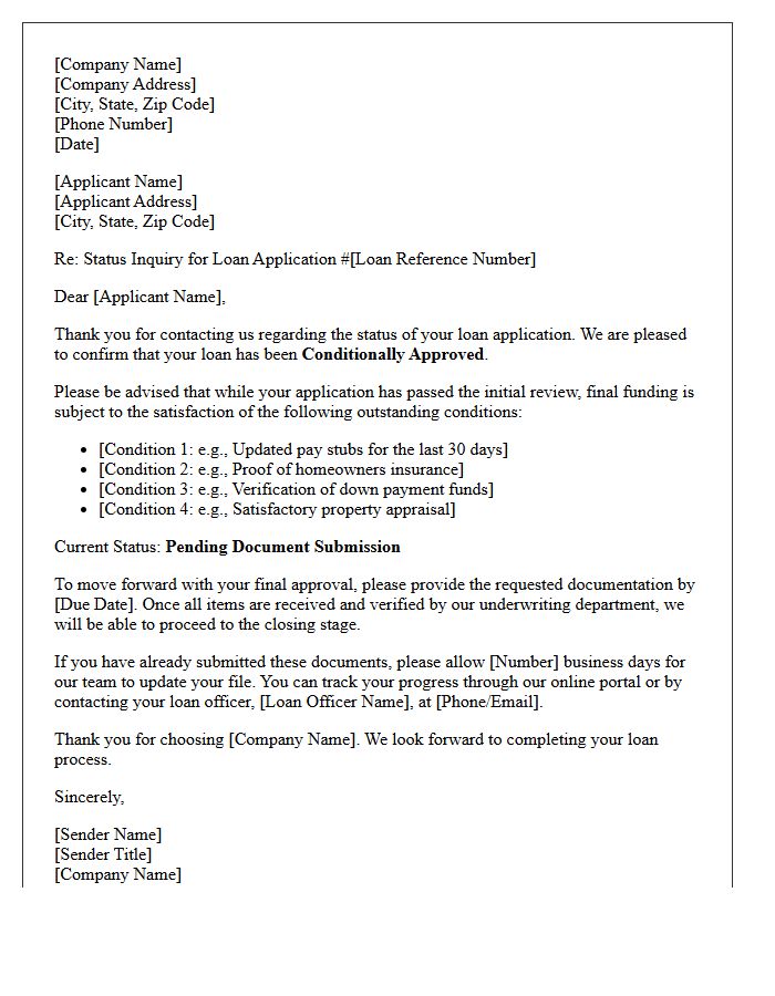 Conditional Loan Approval Status Inquiry Response Letter