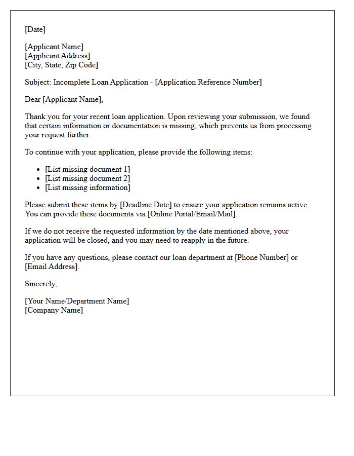 Incomplete Loan Application Status Response Letter