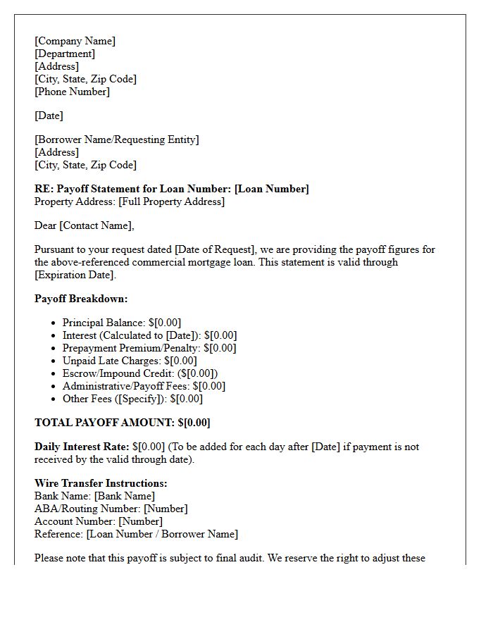 Commercial Mortgage Payoff Statement Inquiry Response Letter