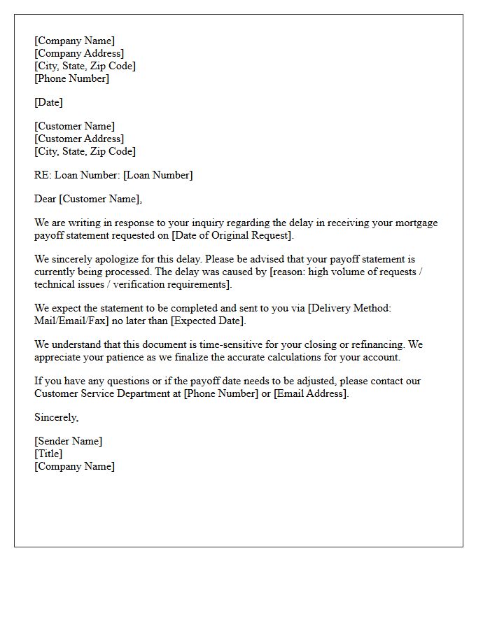 Delayed Mortgage Payoff Statement Inquiry Response Letter