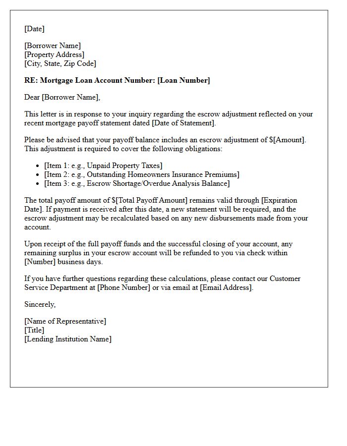 Escrow Adjustment Mortgage Payoff Statement Inquiry Response Letter
