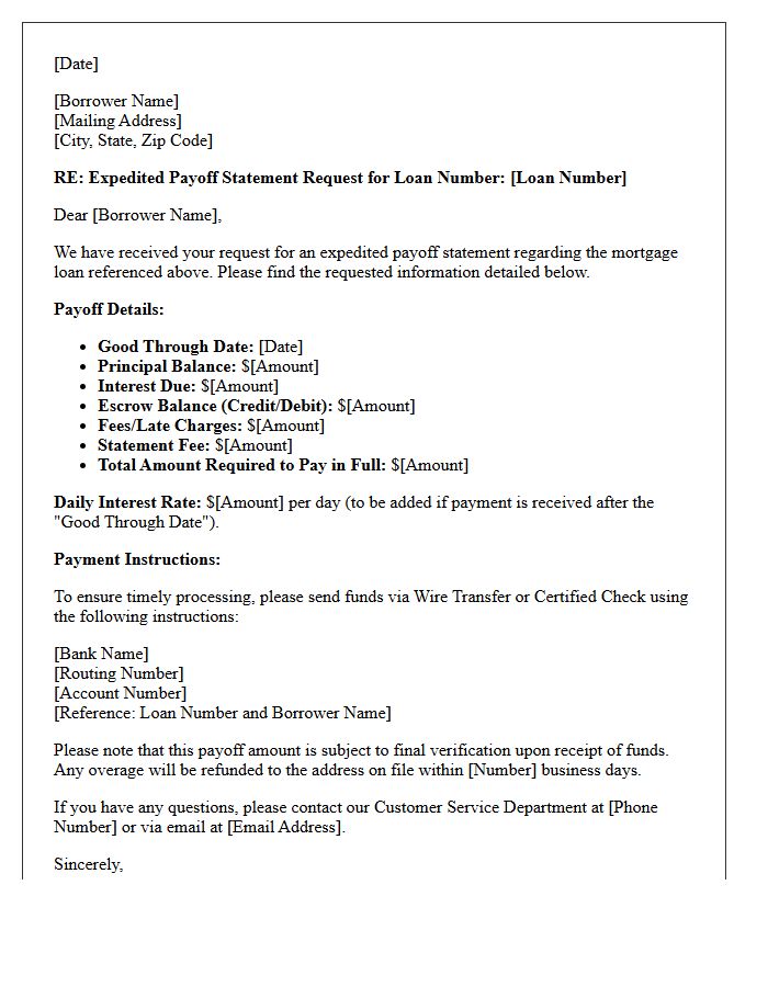 Expedited Mortgage Payoff Statement Inquiry Response Letter