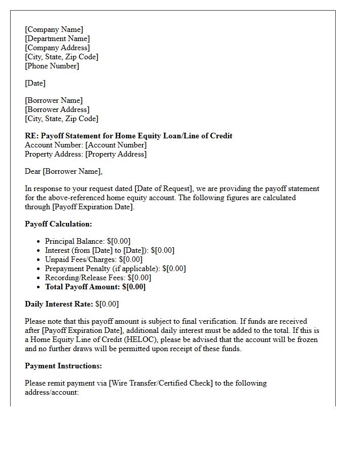 Home Equity Mortgage Payoff Statement Inquiry Response Letter