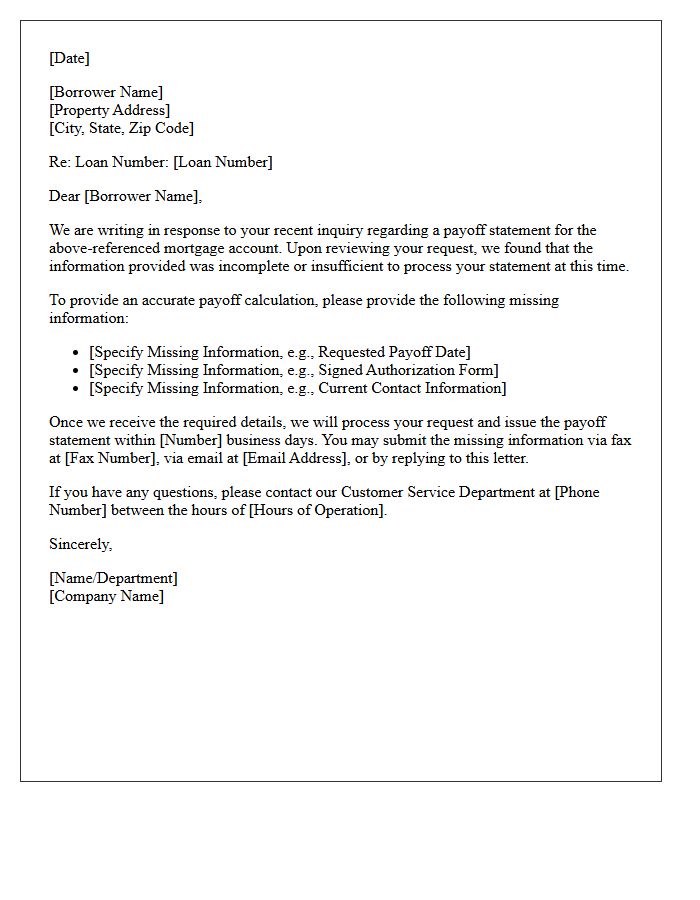 Incomplete Mortgage Payoff Statement Inquiry Response Letter
