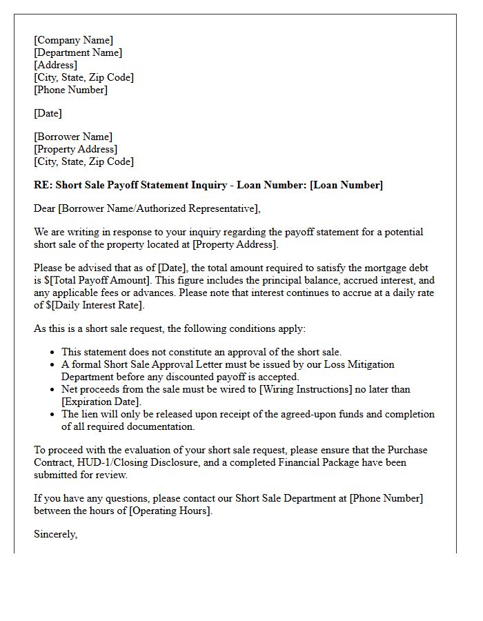 Short Sale Mortgage Payoff Statement Inquiry Response Letter