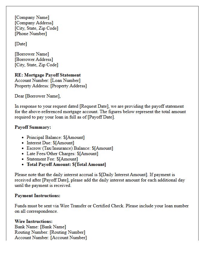 Standard Mortgage Payoff Statement Inquiry Response Letter