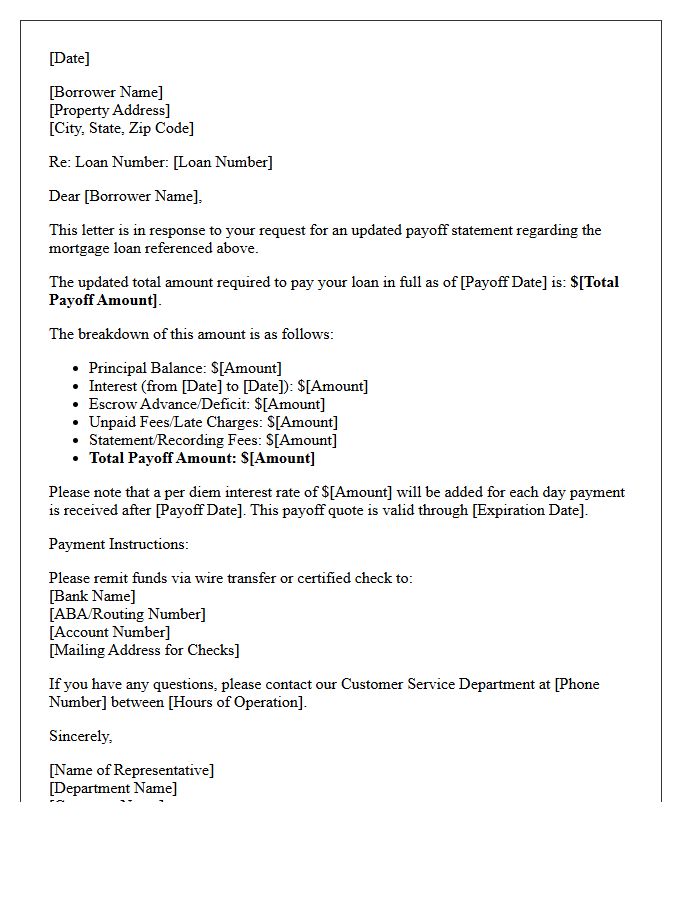 Updated Mortgage Payoff Statement Inquiry Response Letter