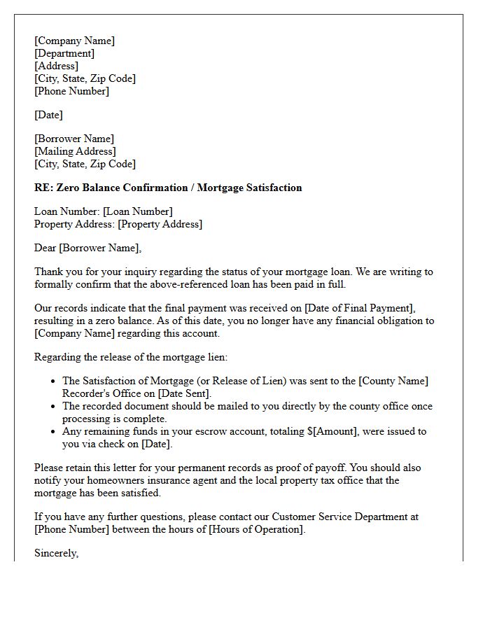 Zero Balance Mortgage Payoff Statement Inquiry Response Letter