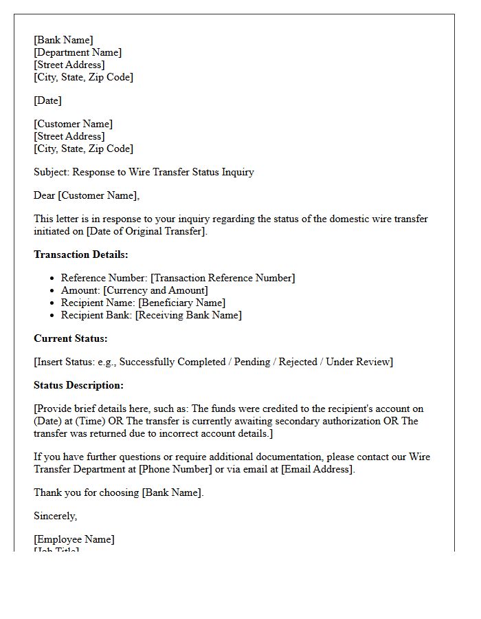 Domestic Wire Transfer Status Inquiry Response Letter