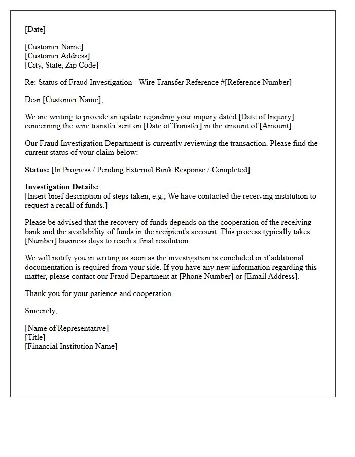 Fraud Investigation Wire Transfer Status Inquiry Response Letter