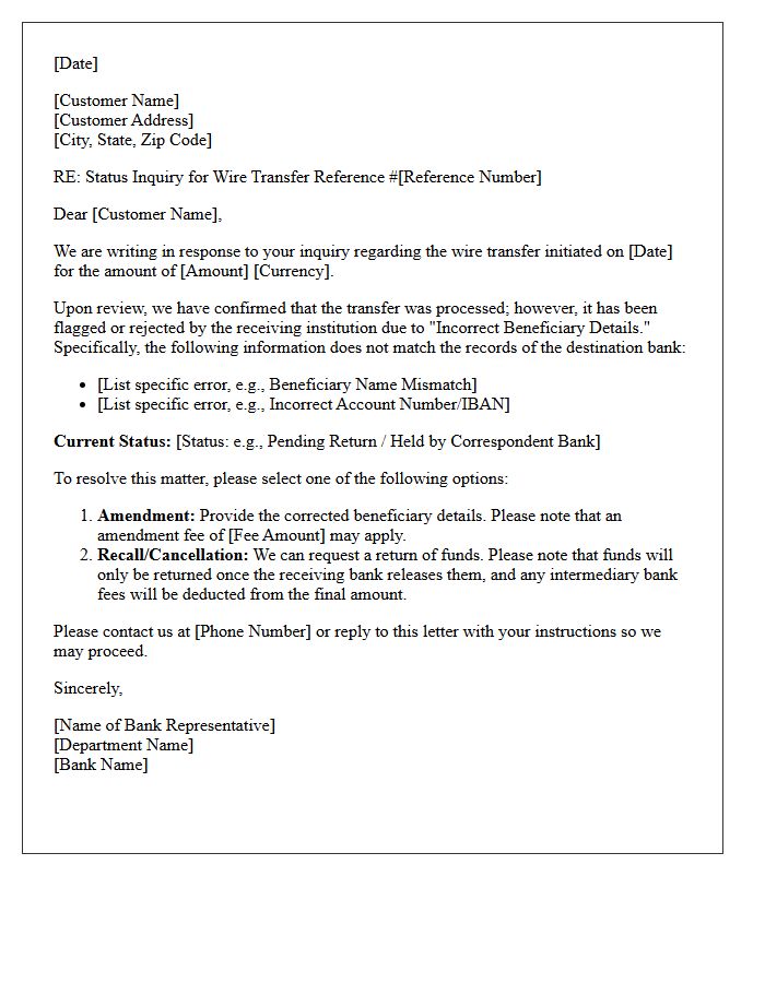 Incorrect Beneficiary Details Wire Transfer Status Inquiry Response Letter