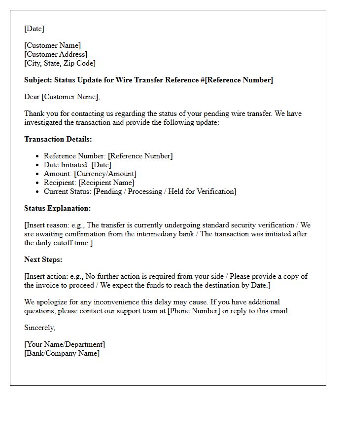 Pending Wire Transfer Status Inquiry Response Letter
