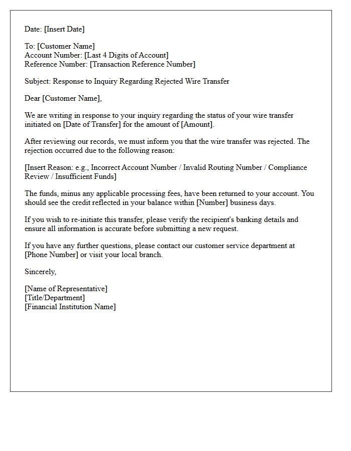 Rejected Wire Transfer Status Inquiry Response Letter