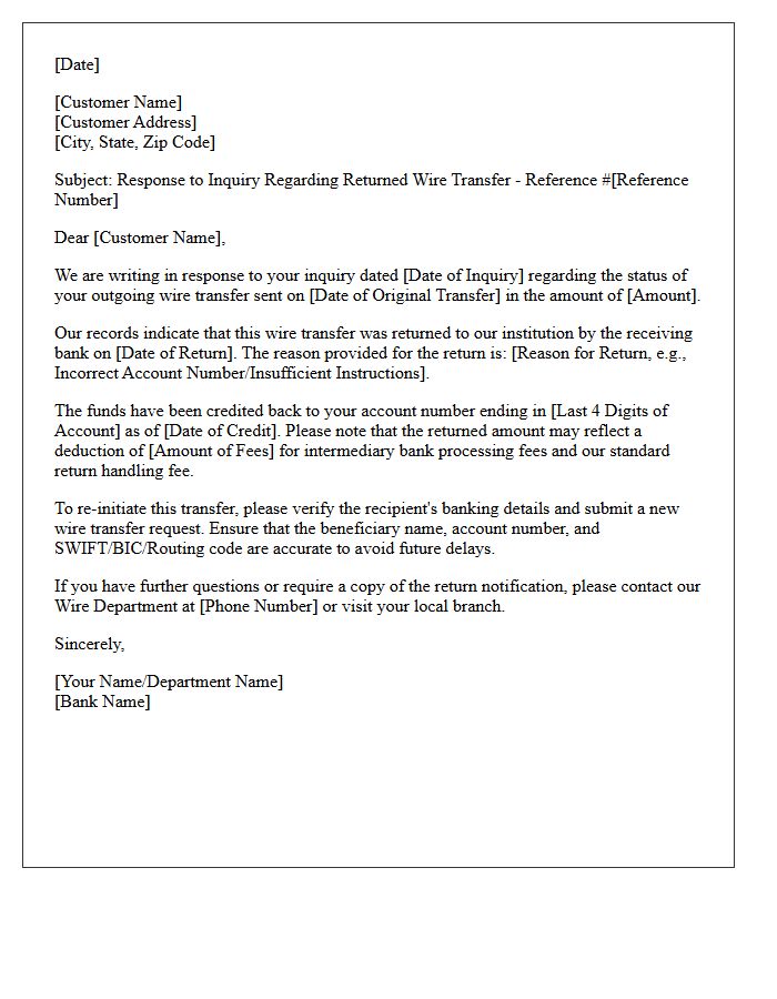 Returned Wire Transfer Status Inquiry Response Letter