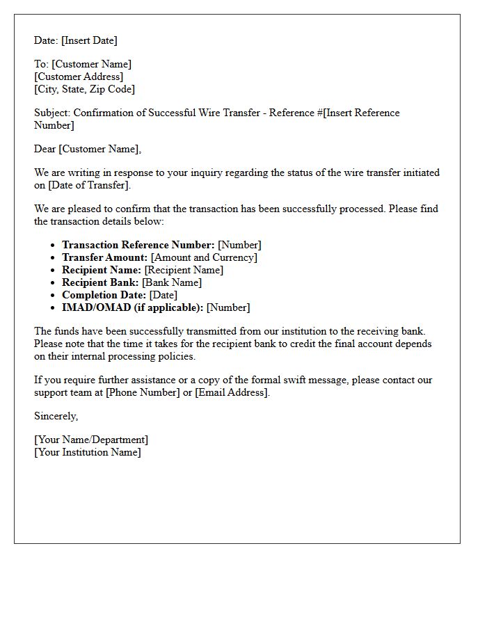 Successful Wire Transfer Status Inquiry Response Letter