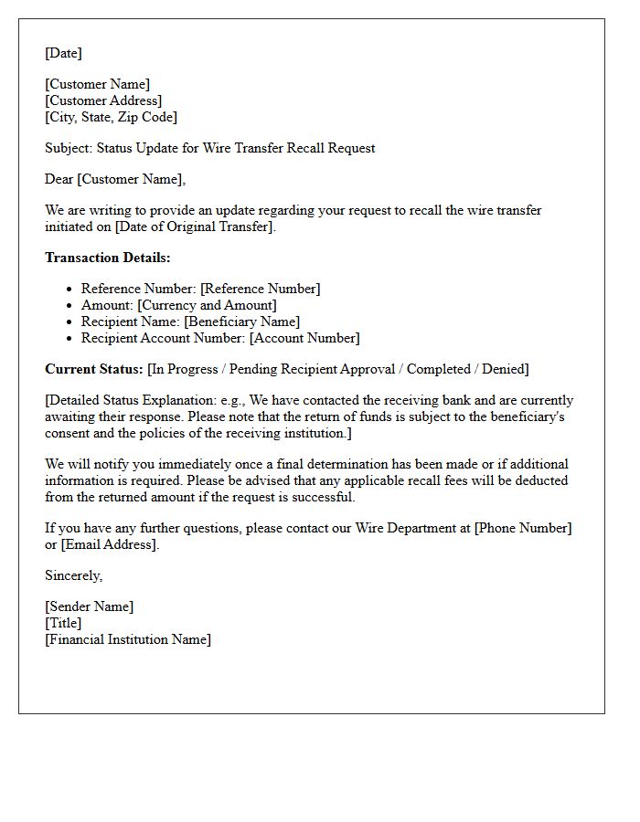 Wire Transfer Recall Status Inquiry Response Letter