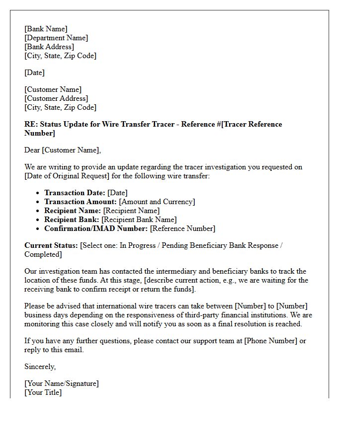 Wire Transfer Tracer Investigation Status Inquiry Response Letter