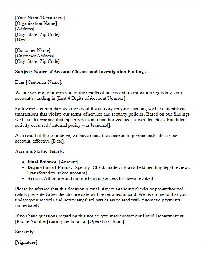 Account Closure Fraud Investigation Findings Response Letter
