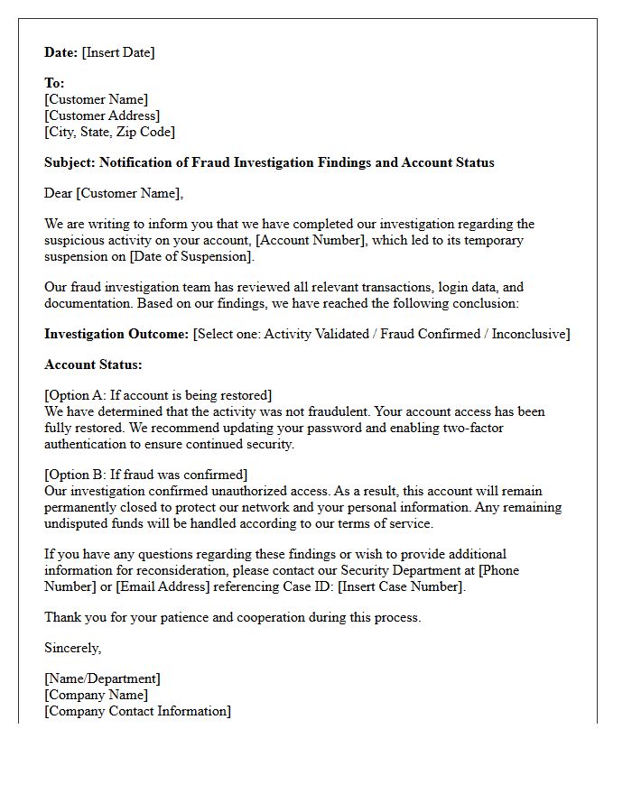 Account Suspension Fraud Investigation Findings Response Letter