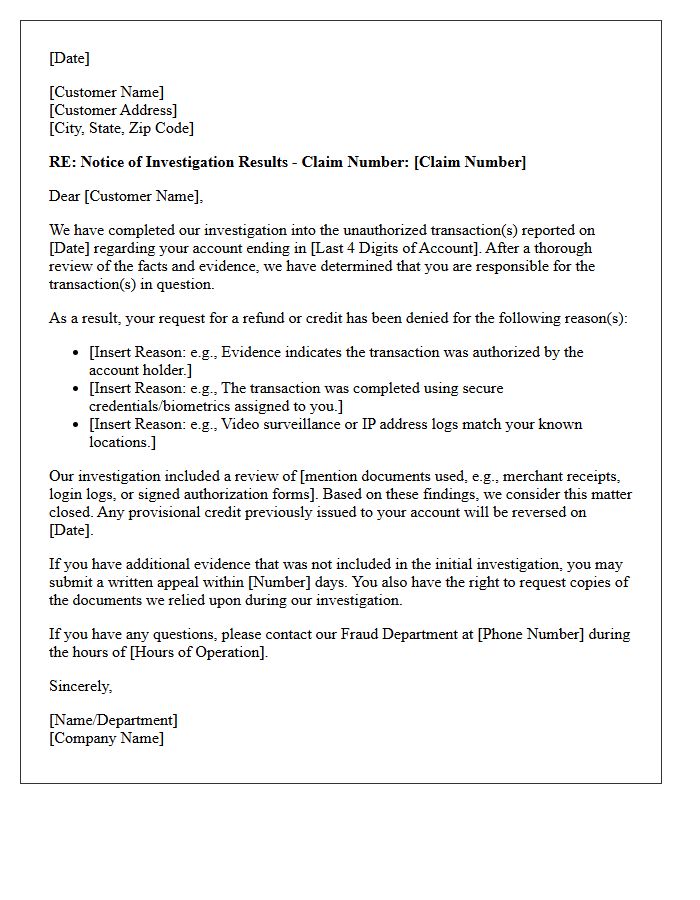 Customer Liability Denial Fraud Investigation Findings Response Letter
