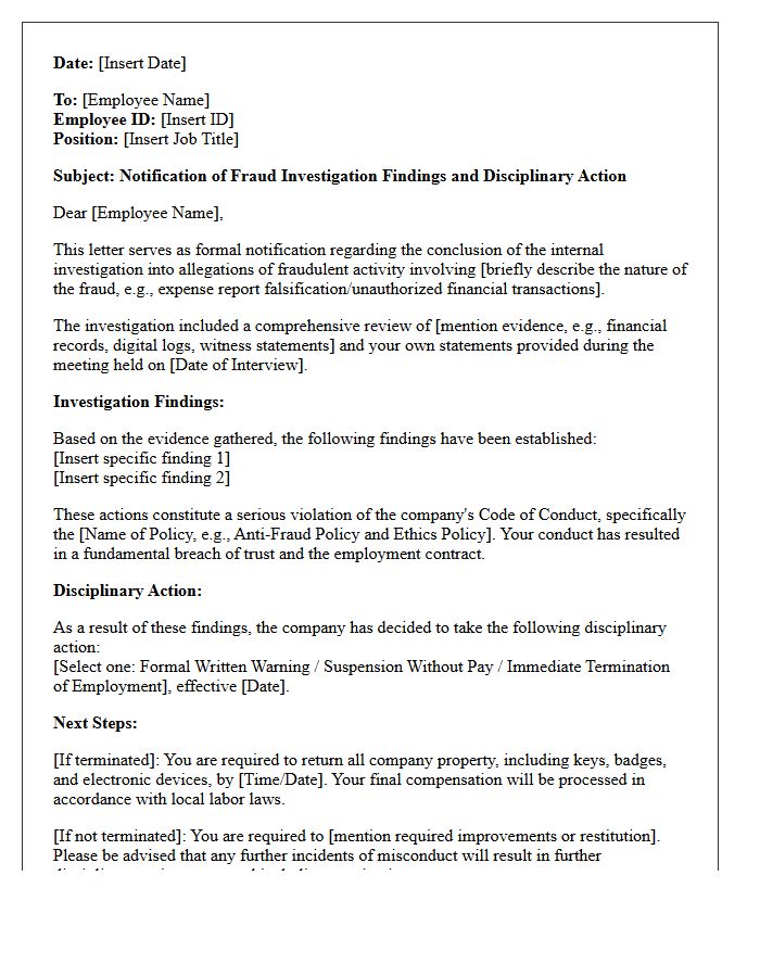 Internal Employee Disciplinary Fraud Investigation Findings Response Letter