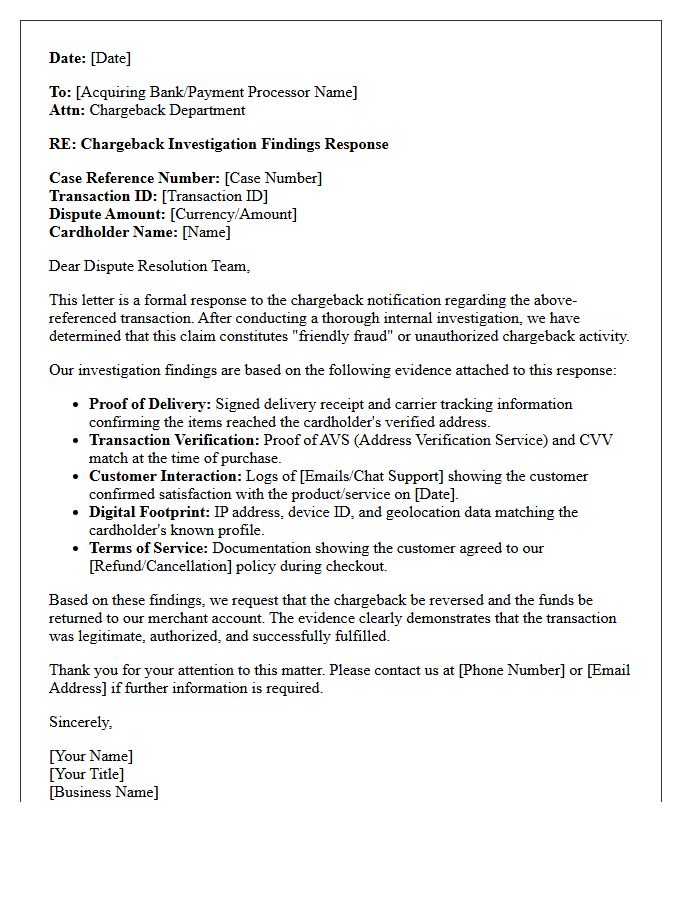 Merchant Chargeback Fraud Investigation Findings Response Letter