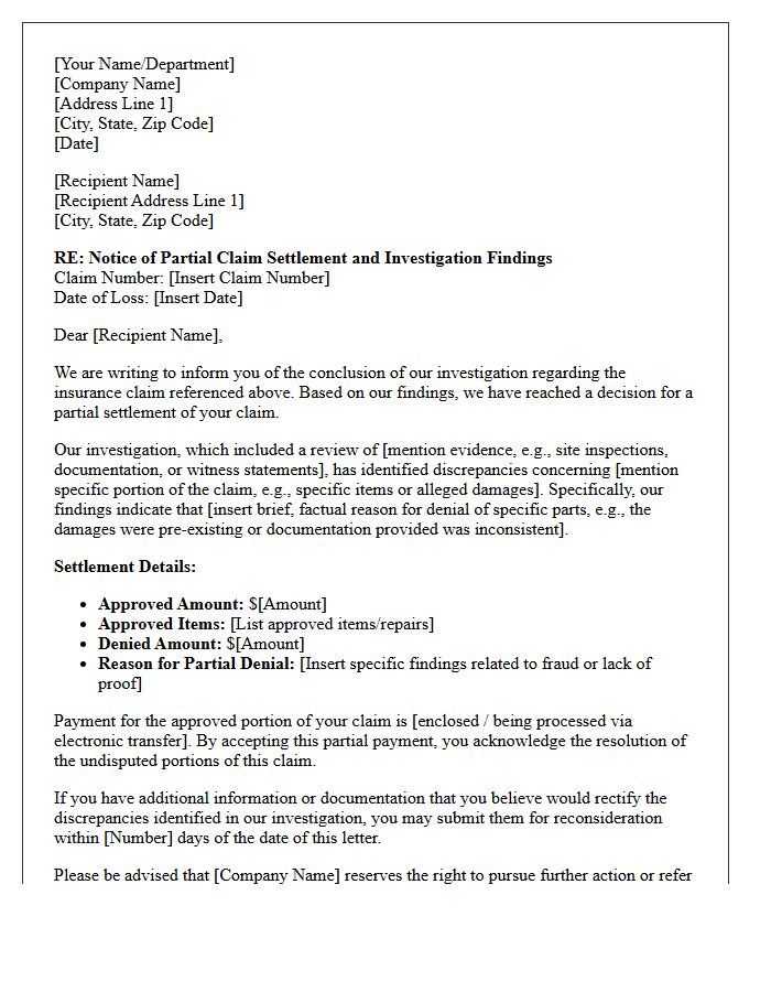 Partial Claim Settlement Fraud Investigation Findings Response Letter