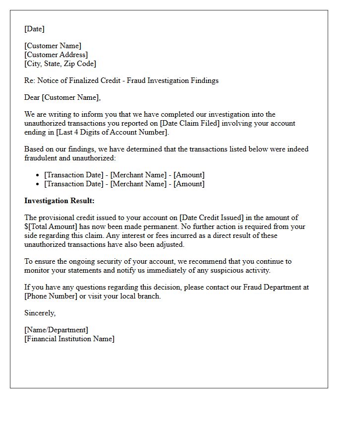 Provisional Credit Finalization Fraud Investigation Findings Response Letter