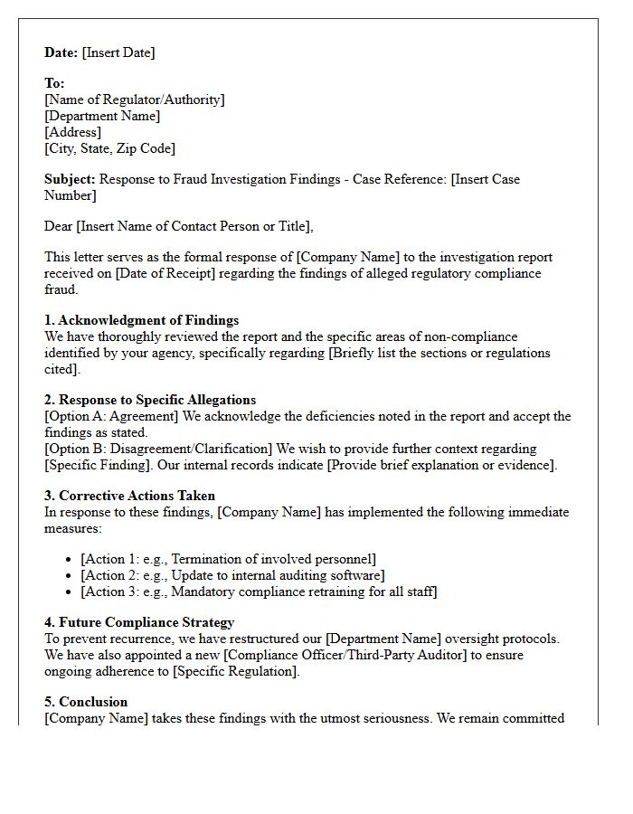 Regulatory Compliance Fraud Investigation Findings Response Letter