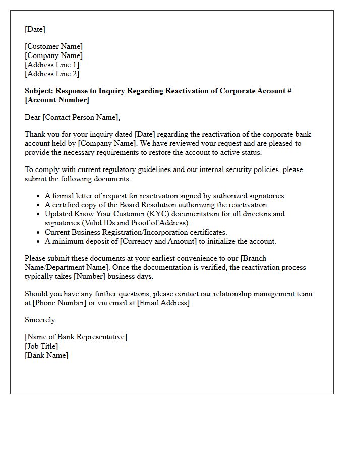 Corporate Dormant Account Reactivation Inquiry Response Letter