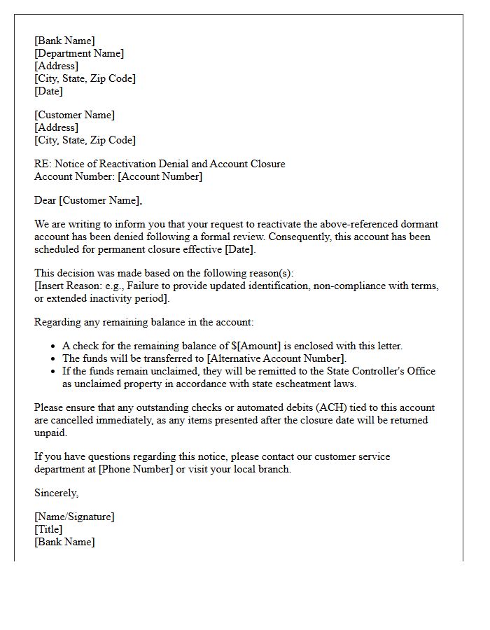 Dormant Account Reactivation Denial And Closure Notice Letter