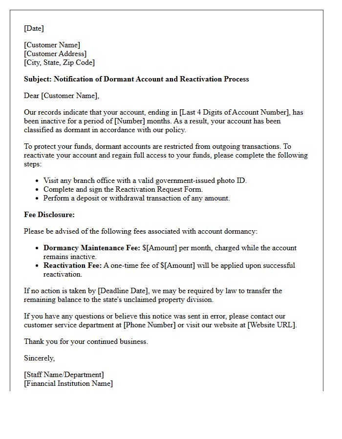 Dormant Account Reactivation Process And Fee Disclosure Letter