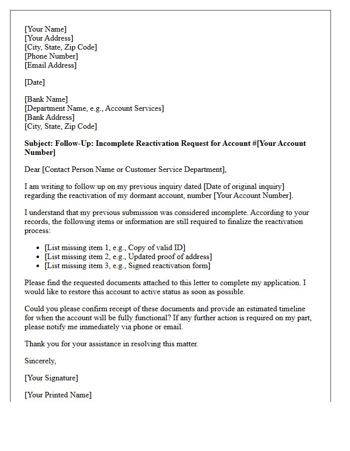 Incomplete Dormant Account Reactivation Inquiry Follow-Up Letter