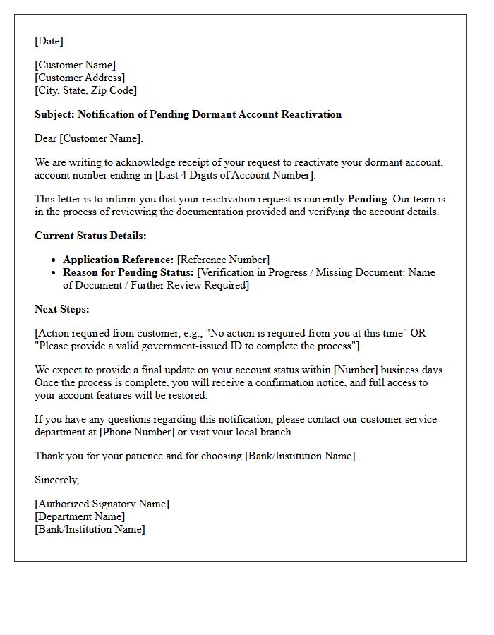 Pending Dormant Account Reactivation Status Notification Letter