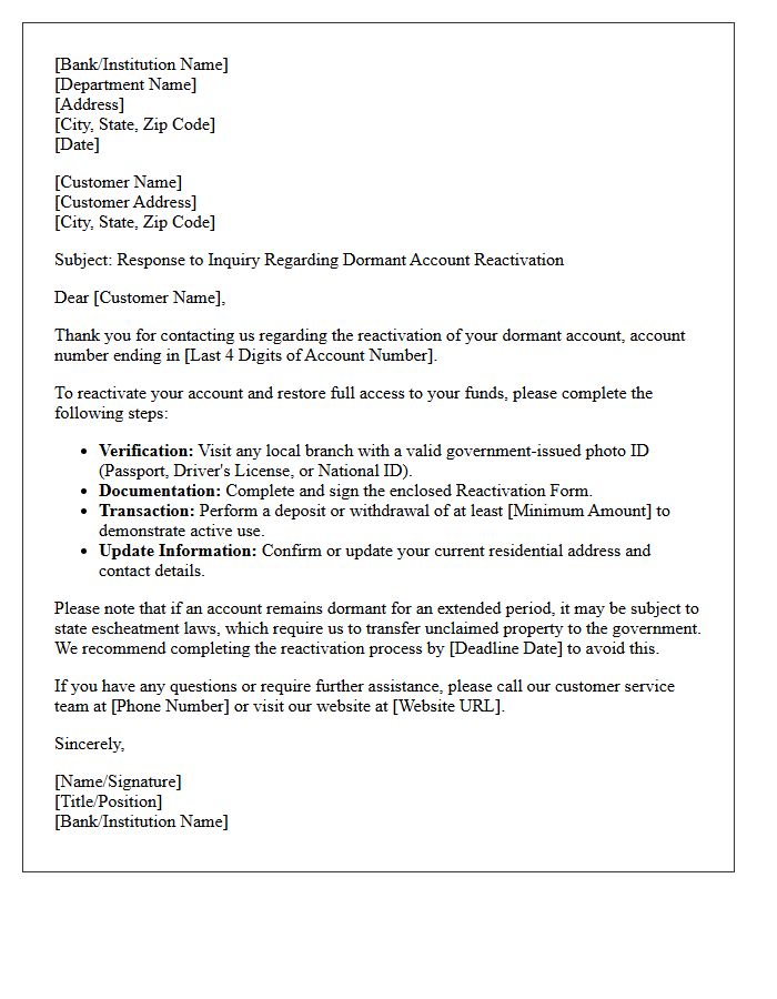 Standard Dormant Account Reactivation Inquiry Response Letter