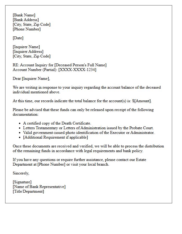 Deceased Depositor Account Balance Inquiry Response Letter