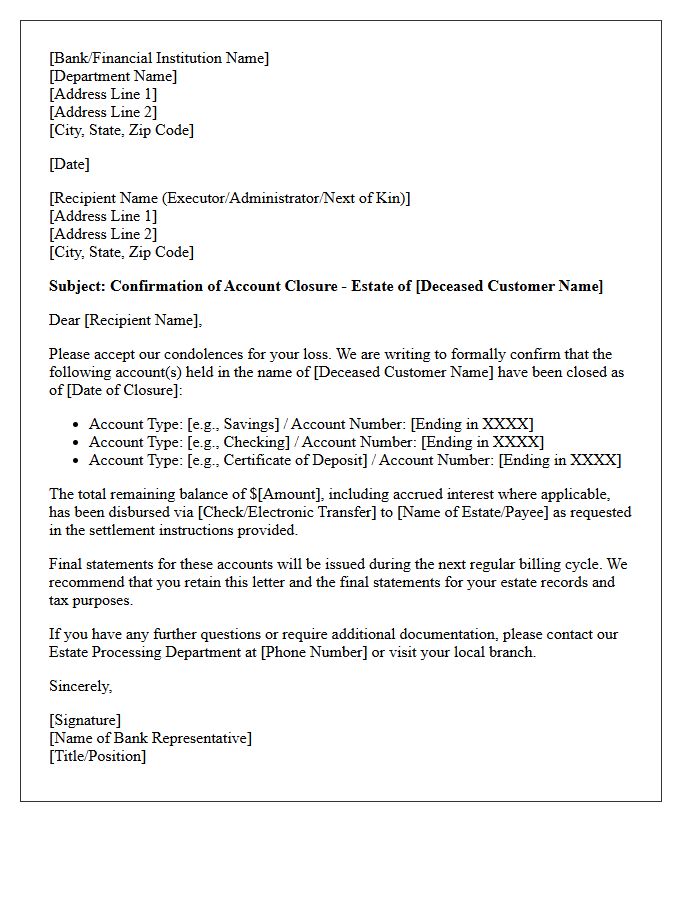 Deceased Depositor Account Closure Confirmation Letter