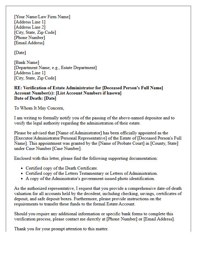 Deceased Depositor Estate Administrator Verification Letter