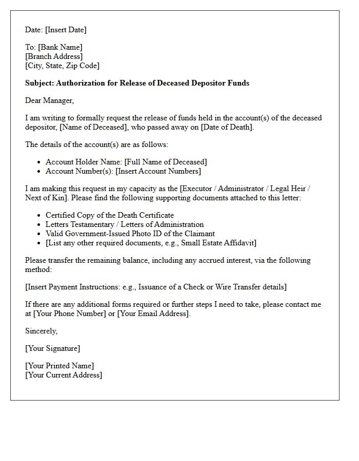 Deceased Depositor Funds Release Authorization Letter