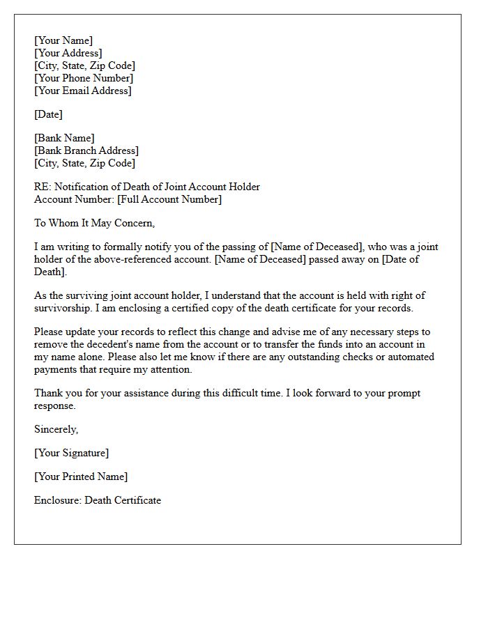 Deceased Depositor Joint Account Survivor Notification Letter