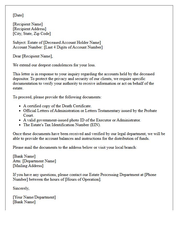 Deceased Depositor Next of Kin Inquiry Response Letter