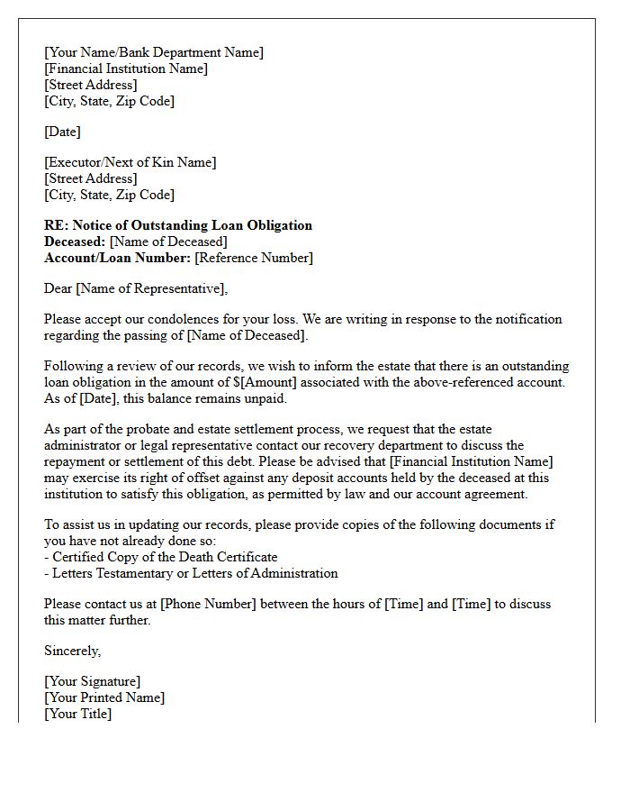 Deceased Depositor Outstanding Loan Obligation Response Letter