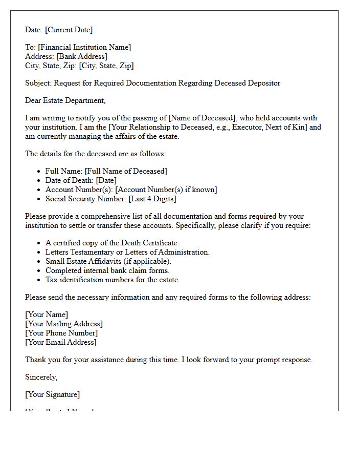 Deceased Depositor Required Documentation Request Letter