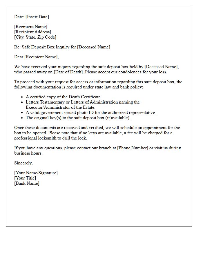 Deceased Depositor Safe Deposit Box Inquiry Response Letter