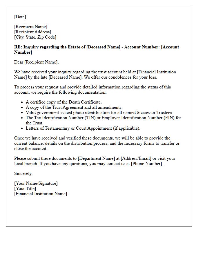 Deceased Depositor Trust Account Inquiry Response Letter