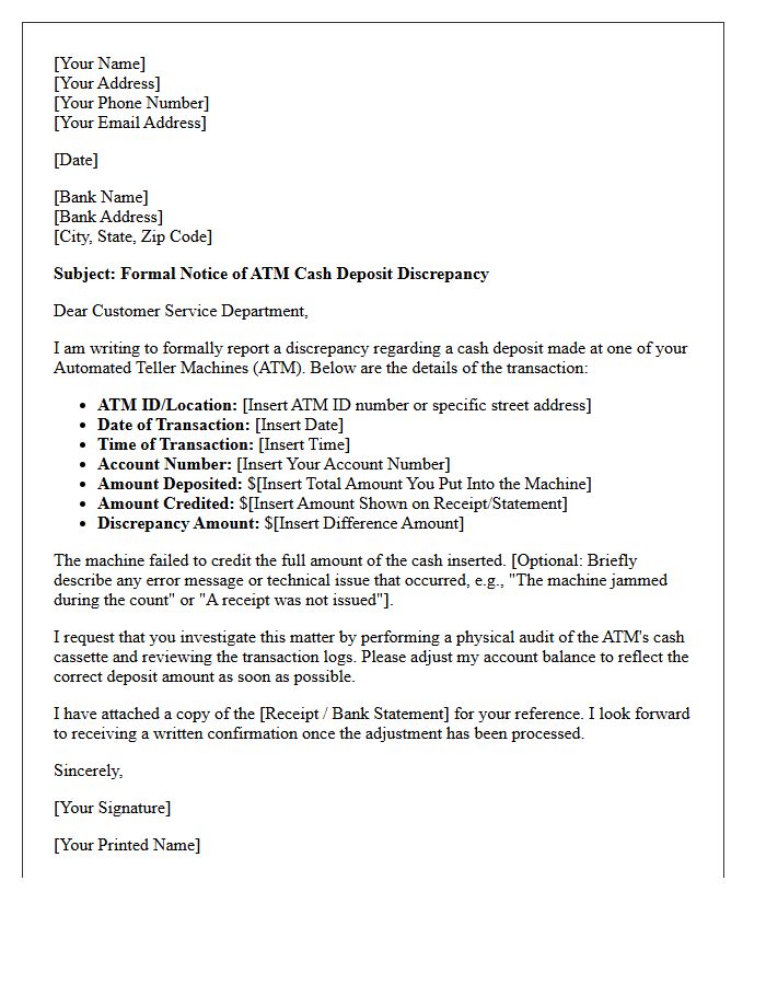 Automated Teller Machine Cash Deposit Discrepancy Adjustment Letter