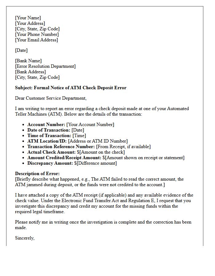 Automated Teller Machine Check Deposit Error Investigation Letter