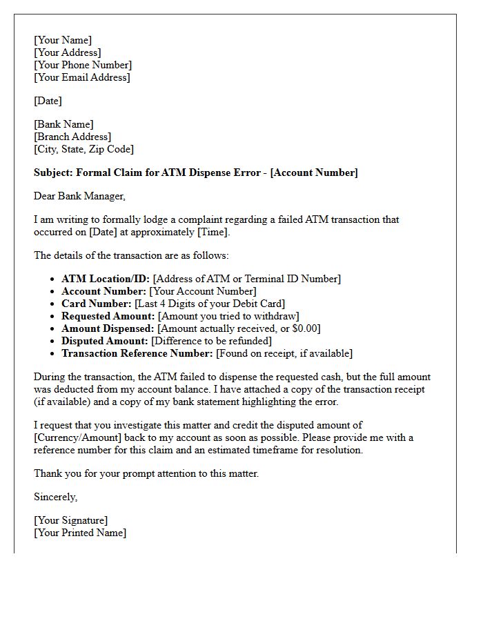 Automated Teller Machine Dispense Error Refund Letter
