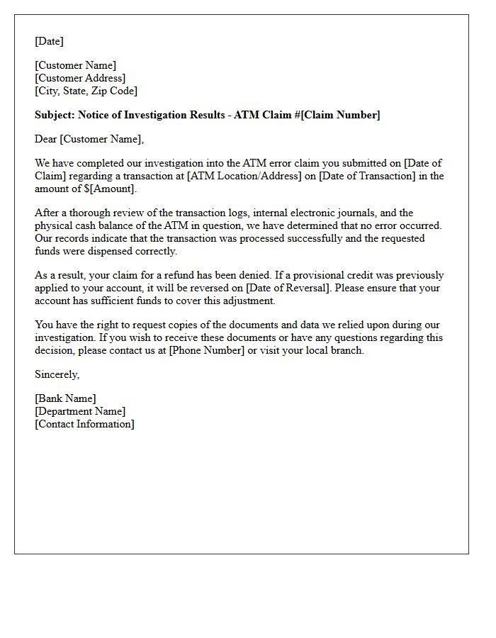 Automated Teller Machine Error Claim Denial Letter